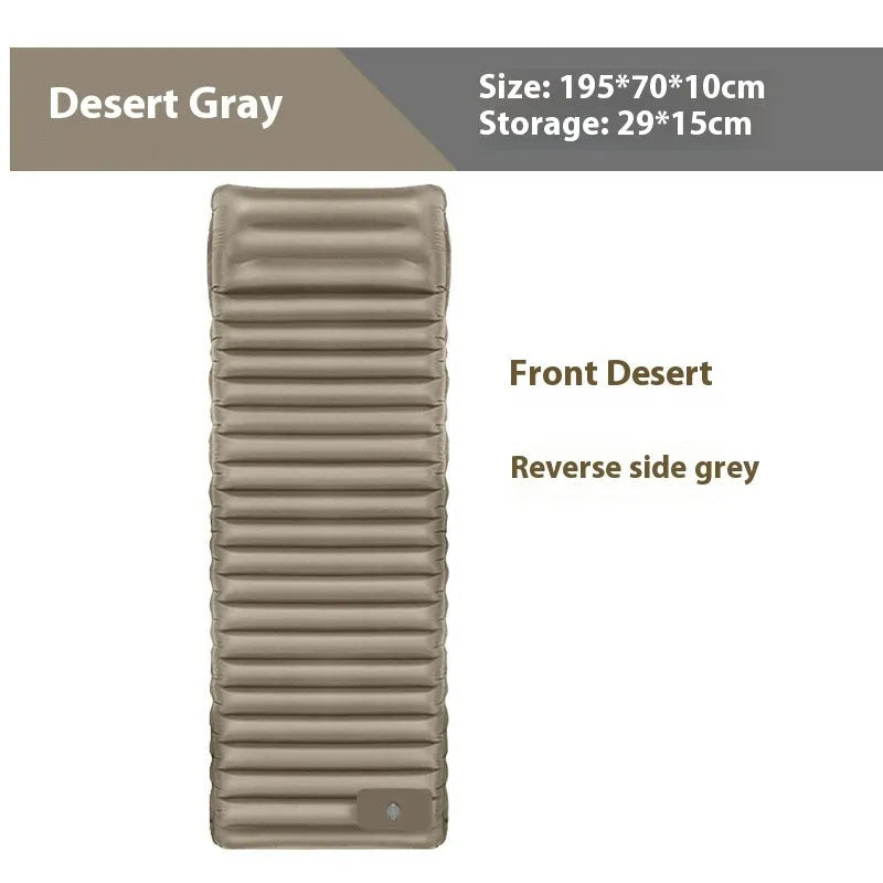 Single inflatable camping mattress in grey, shown expanded to 195cm length