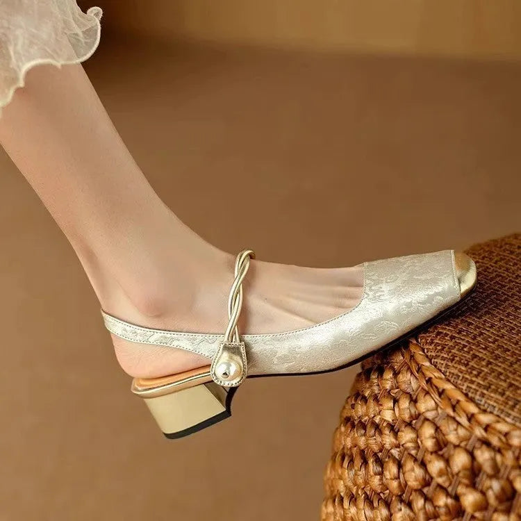Women's closed toe satin sandals with square toe, backless fit, mid heel 3-6cm, in beige white, black or emerald green