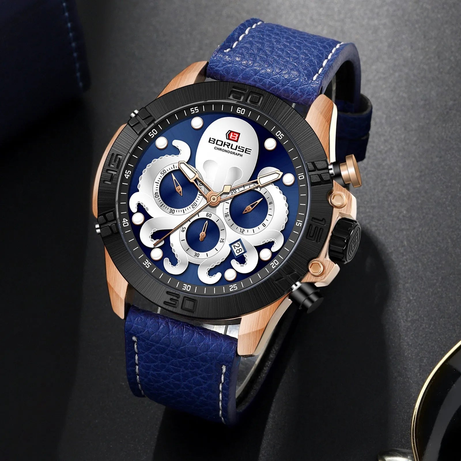 Octopus waterproof men's watch with luminous display and 13mm thickness in black or blue colour options