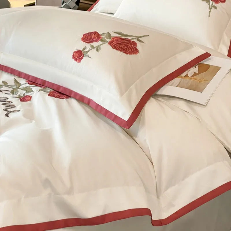 Pure cotton four-piece bedding set in solid colour with embroidery, including quilt cover 200x230cm and pillowcases 48x74cm