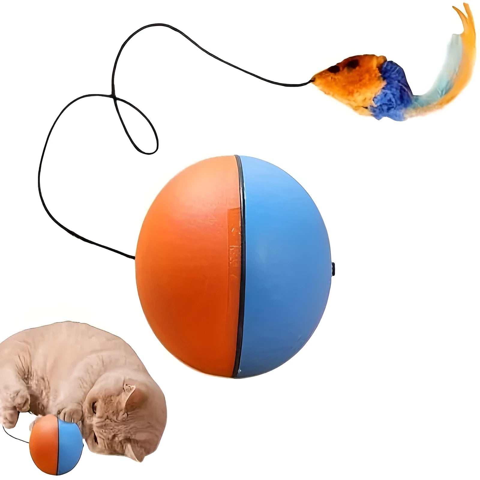Interactive cat toy ball with plush mouse design measuring 8.5cm cube in grey and orange colour options