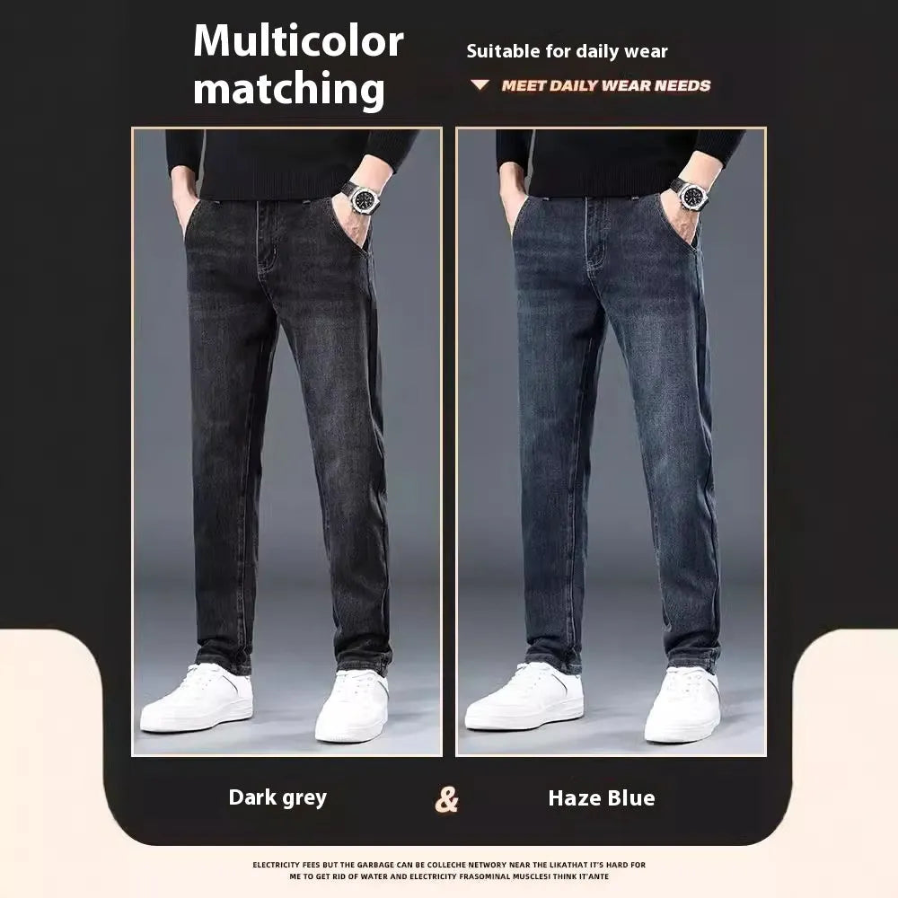 Blue grey slim straight loose casual trousers on a hanger, showing mid waist and zipper fly.