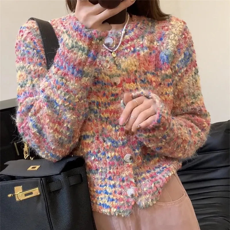 Rainbow knitted cardigan in acrylic fabric showing pink or green colour options with regular sleeves