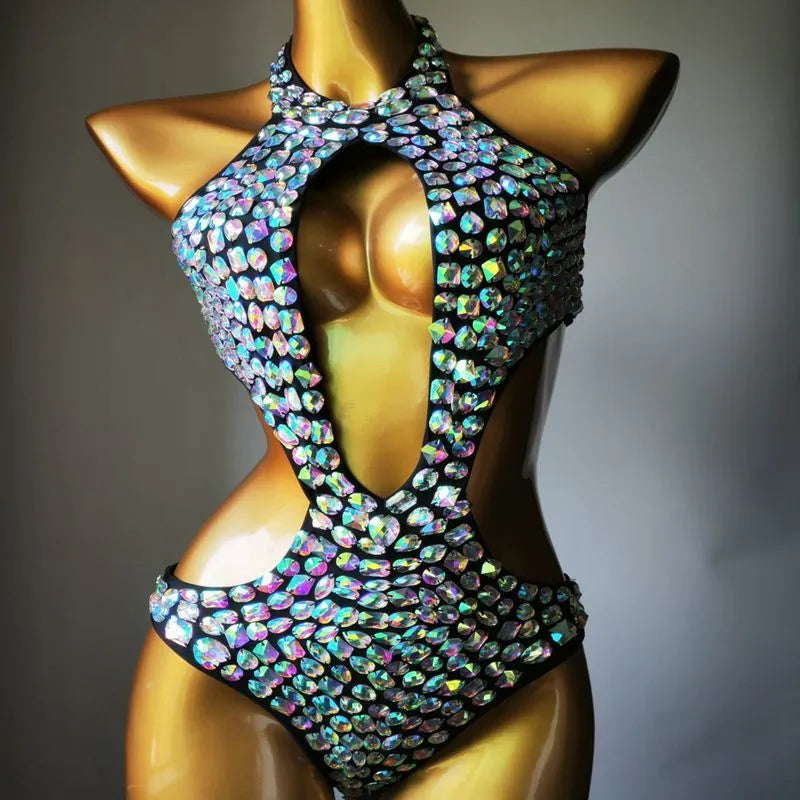 Women's one-piece mesh diamond swimsuit in nylon fabric with polyester lining