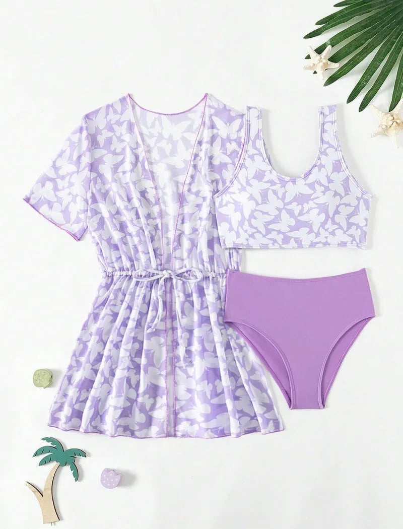 Girls' three piece split swimsuit set in colour 3218 showing coat, vest and matching briefs
