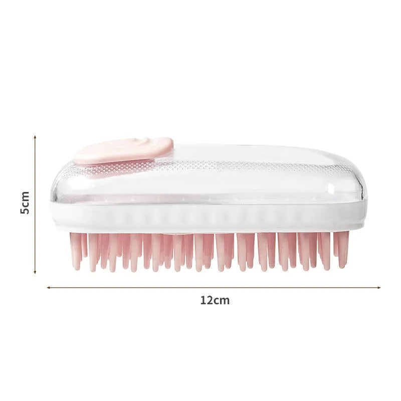 Grey silicone pet bath brush with a long handle next to a pink one, showing soft bristles for washing dogs and cats.