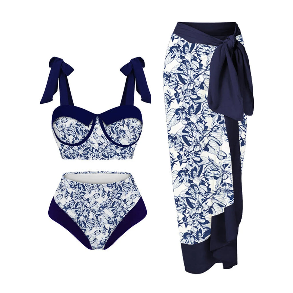 Women's printing split swimsuit three-piece set showing polyester fabric with high elasticity in floral pattern
