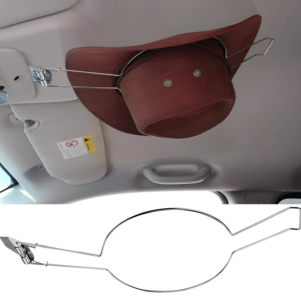 Brown chrome-plated metal hat stand for car interior storage.