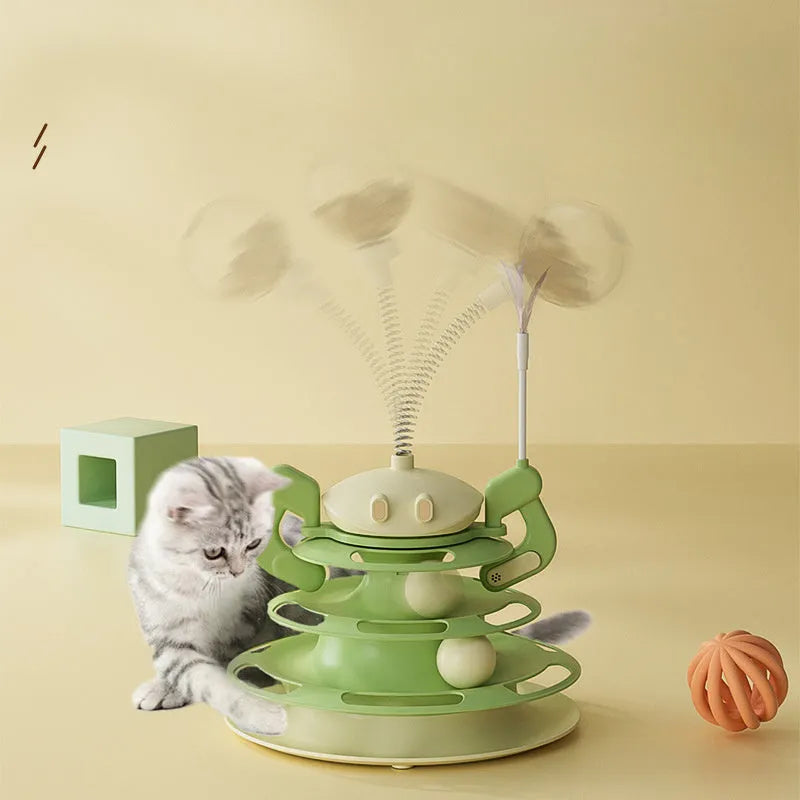 Rotating cat toy plate with four-layer tower, tracks, windmill, feather stick, and leaking food option, 25x25x41.5cm