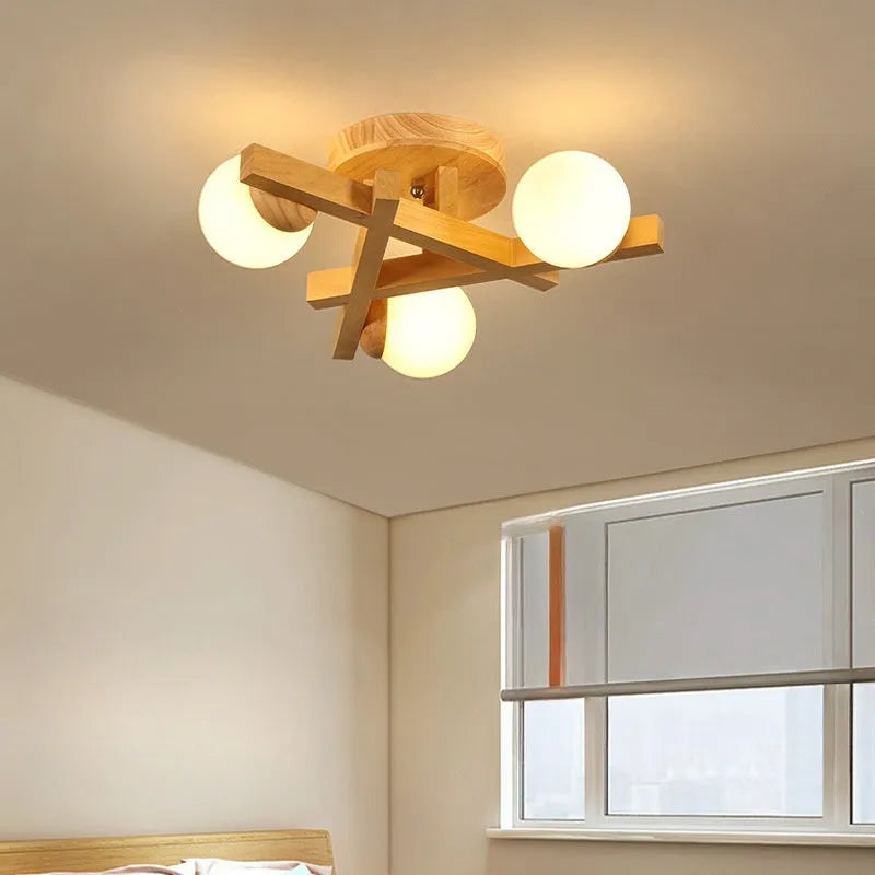 Wooden style modern Nordic ceiling light fixture with three neutral light heads