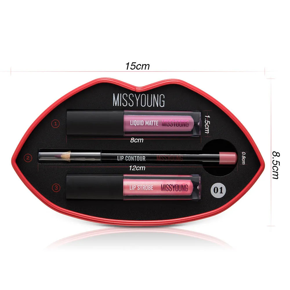 Women's matte pearly lip gloss pen set with 3 shades 01 02 03, 15cm by 8.5mm, multicolor