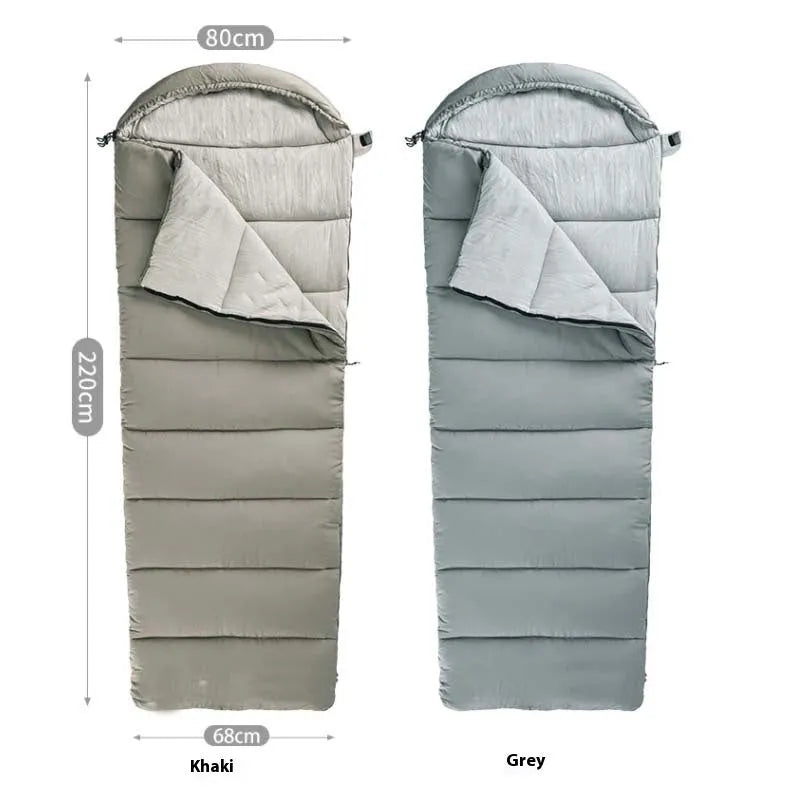 Trapezoidal waterproof envelope sleeping bag in khaki with cap for camping outdoor use