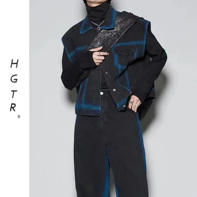 Men's blue distressed denim vest and jeans two-piece suit set with fleece lining on a mannequin.