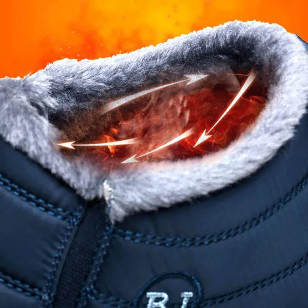Women's waterproof winter snow boots with cotton lining, sheep shearling insole, low heel, in black, coffee, dark blue, gray, purple