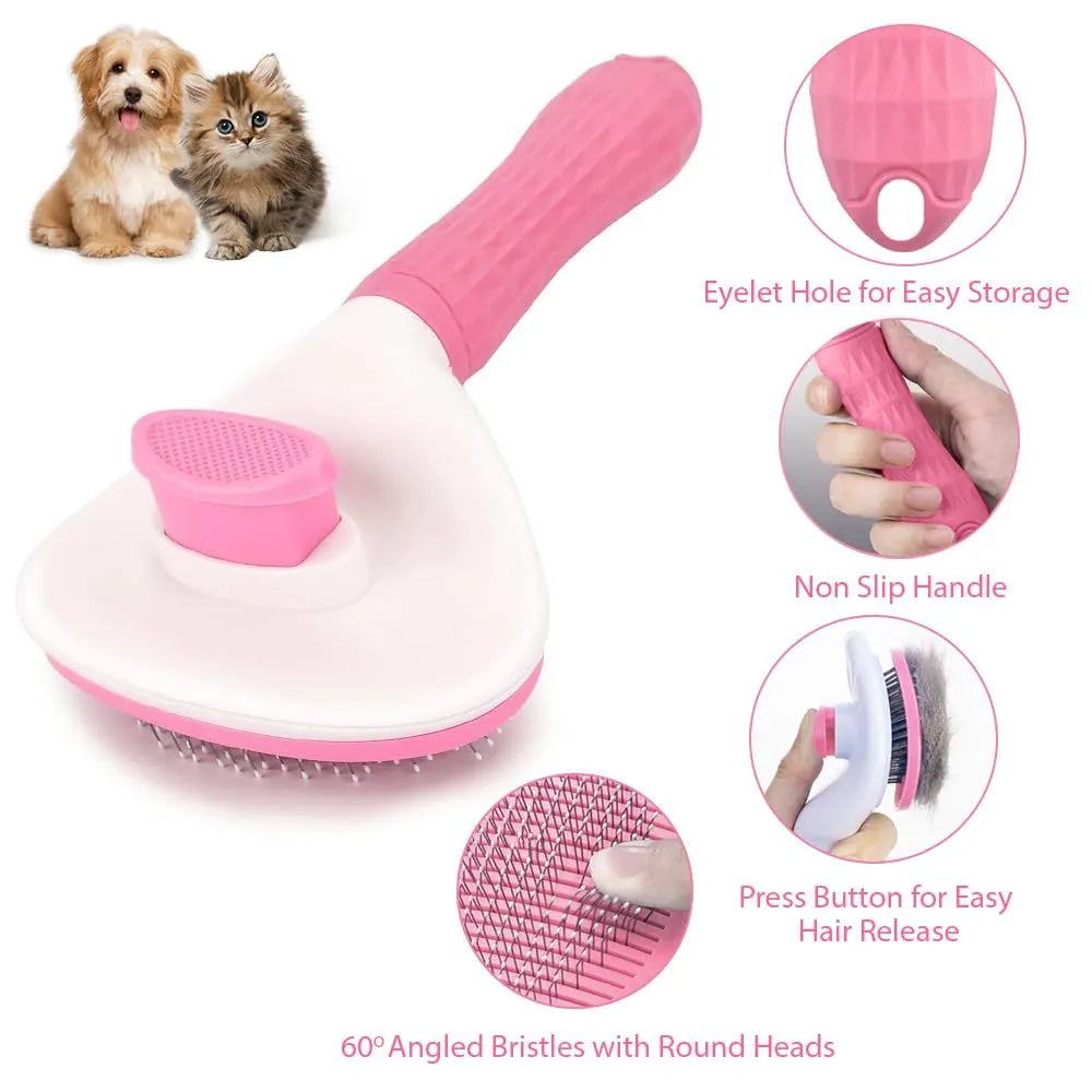 Blue cat grooming brush with release button for removing loose fur from indoor cats