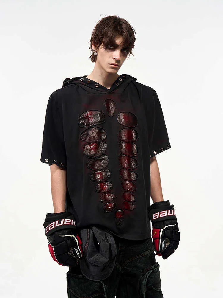 Black hooded men's T-shirt with sequin detailing and loose-fitting short sleeve design