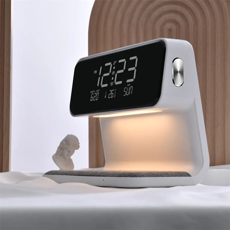 White 3-in-1 bedside lamp with wireless charging pad, LCD screen clock, and touch dimming.