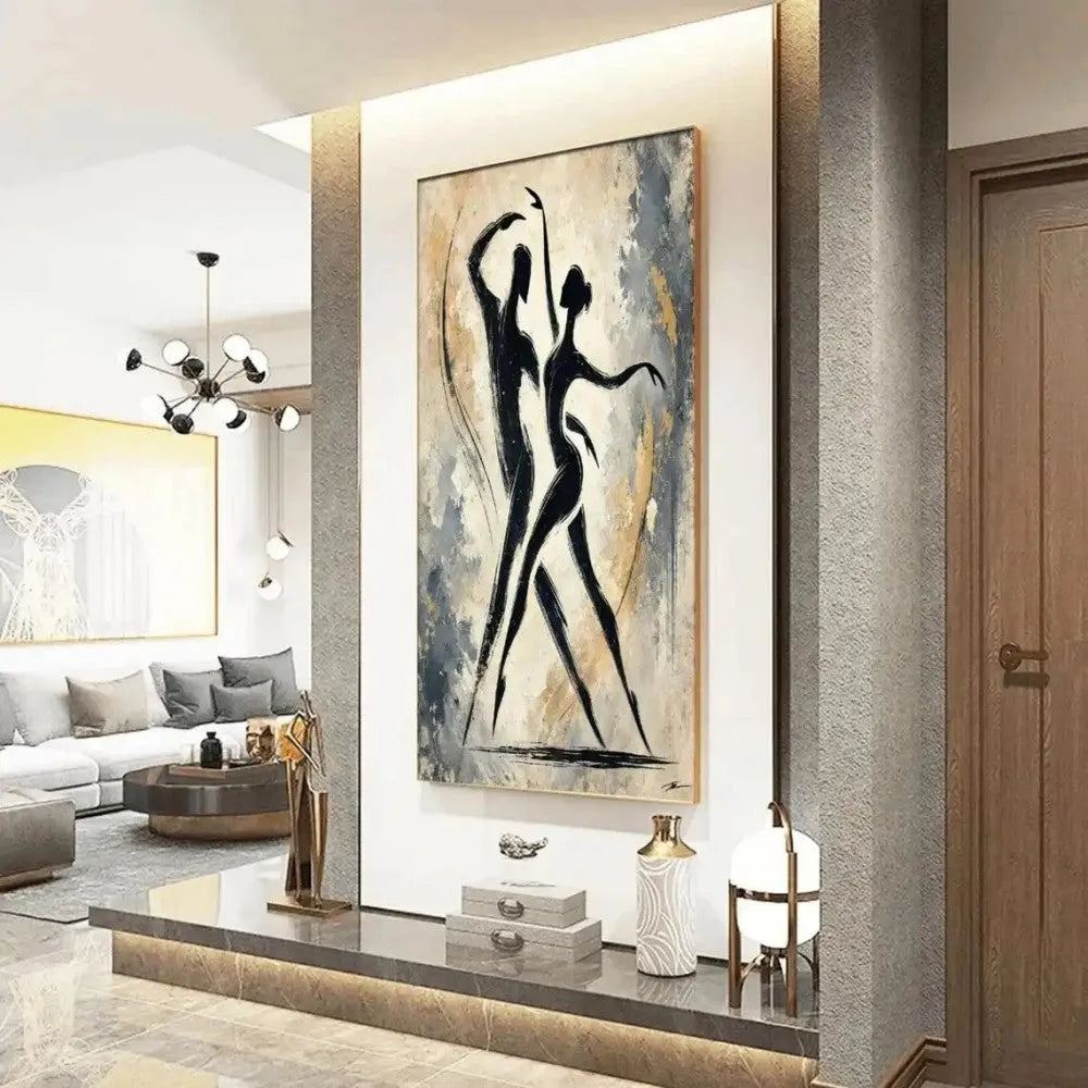 Hand-painted characters abstract oil painting on canvas, vertical unframed wall art for home rooms.