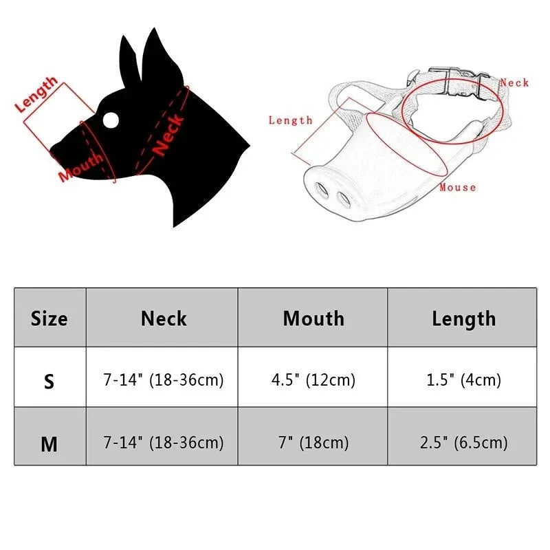 Blue and green silicone dog anti-bite mouth covers shown in large and small sizes.