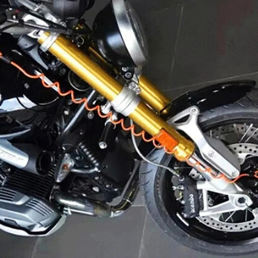 Steel bicycle disc brake alarm lock in black, red, and orange set, for mountain bikes.