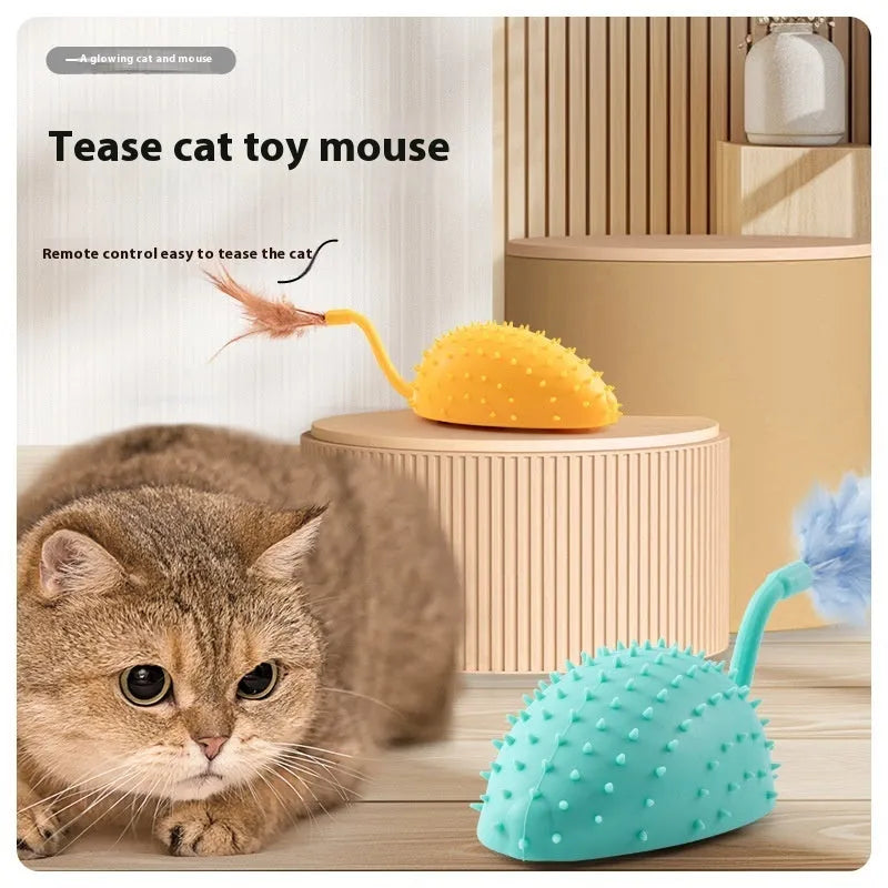 Remote control smart charging silicone mouse cat toy with feather attachment in cyan, orange and yellow colours
