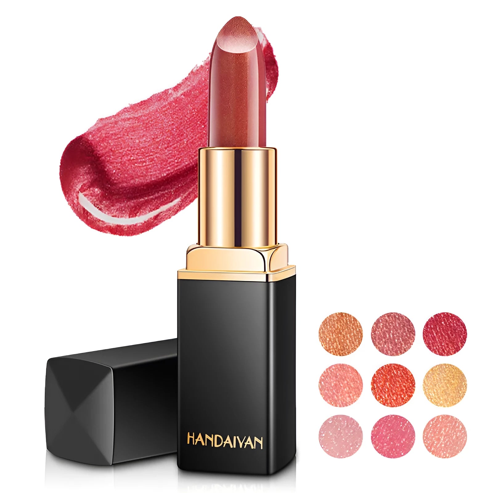 Pearlescent thermochromic lipstick in a standard bullet format with colour-shifting finish, available in nine shades