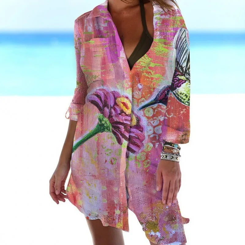 Women's slim-fit long-sleeve beach shirt with a colourful 3D digital print of birds and flowers.