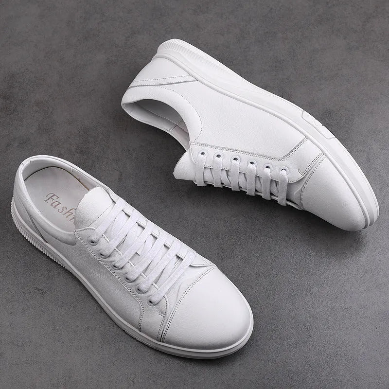 Men's cowhide board shoes in white or black, genuine leather upper, flat heel, sizes 37 to 46