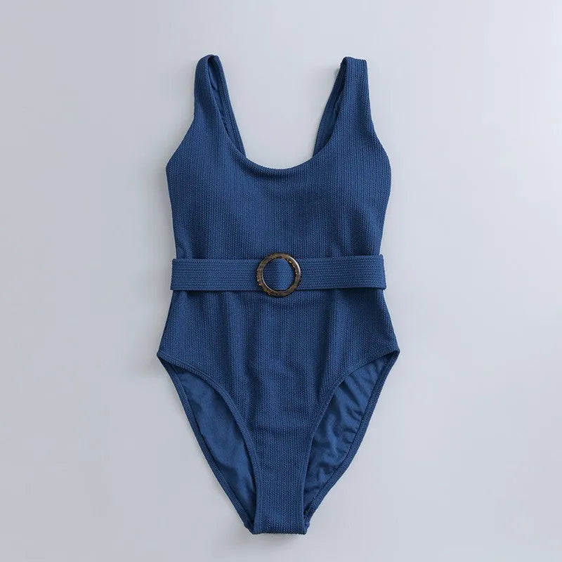 Navy blue women's one-piece sleeveless swimsuit with triangle neckline and slim-fit design.