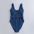 Navy blue women's one-piece sleeveless swimsuit with triangle neckline and slim-fit design.