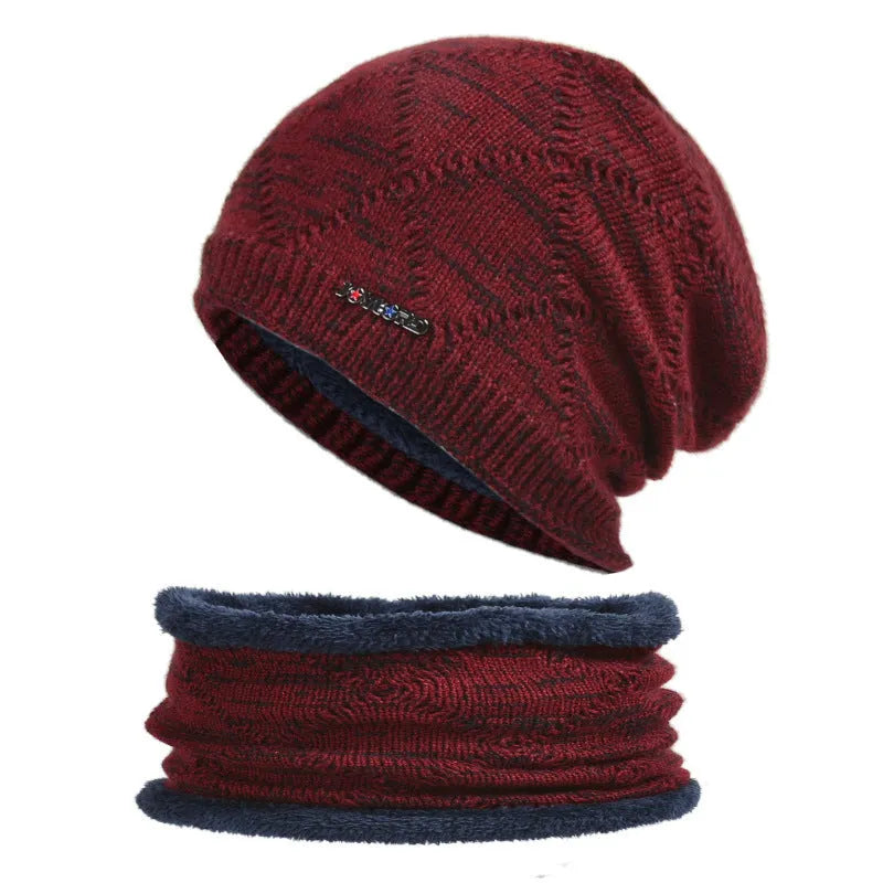 Men's two-piece wool hat and scarf set in black, with 27cm cap depth and 22cm x 20cm neck piece.