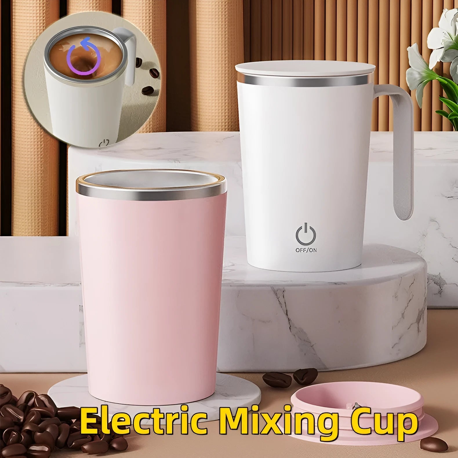 White automatic electric stirring mug with magnetic base and USB charging cable