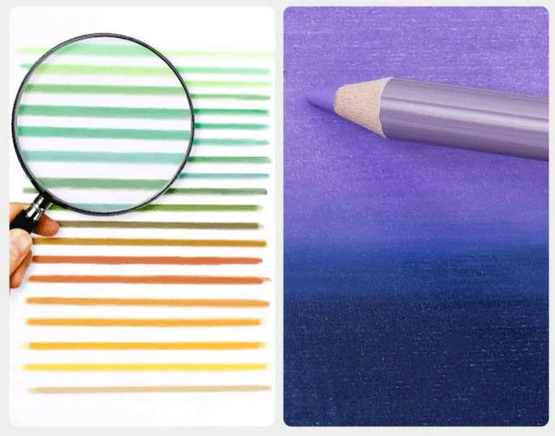 Boxed set of 72 colour pencils for art students and beginners, showing range of colours.