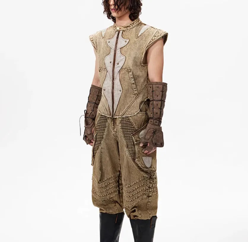 Men's denim pleated vest in picture colour with Korean style detailing and cotton construction