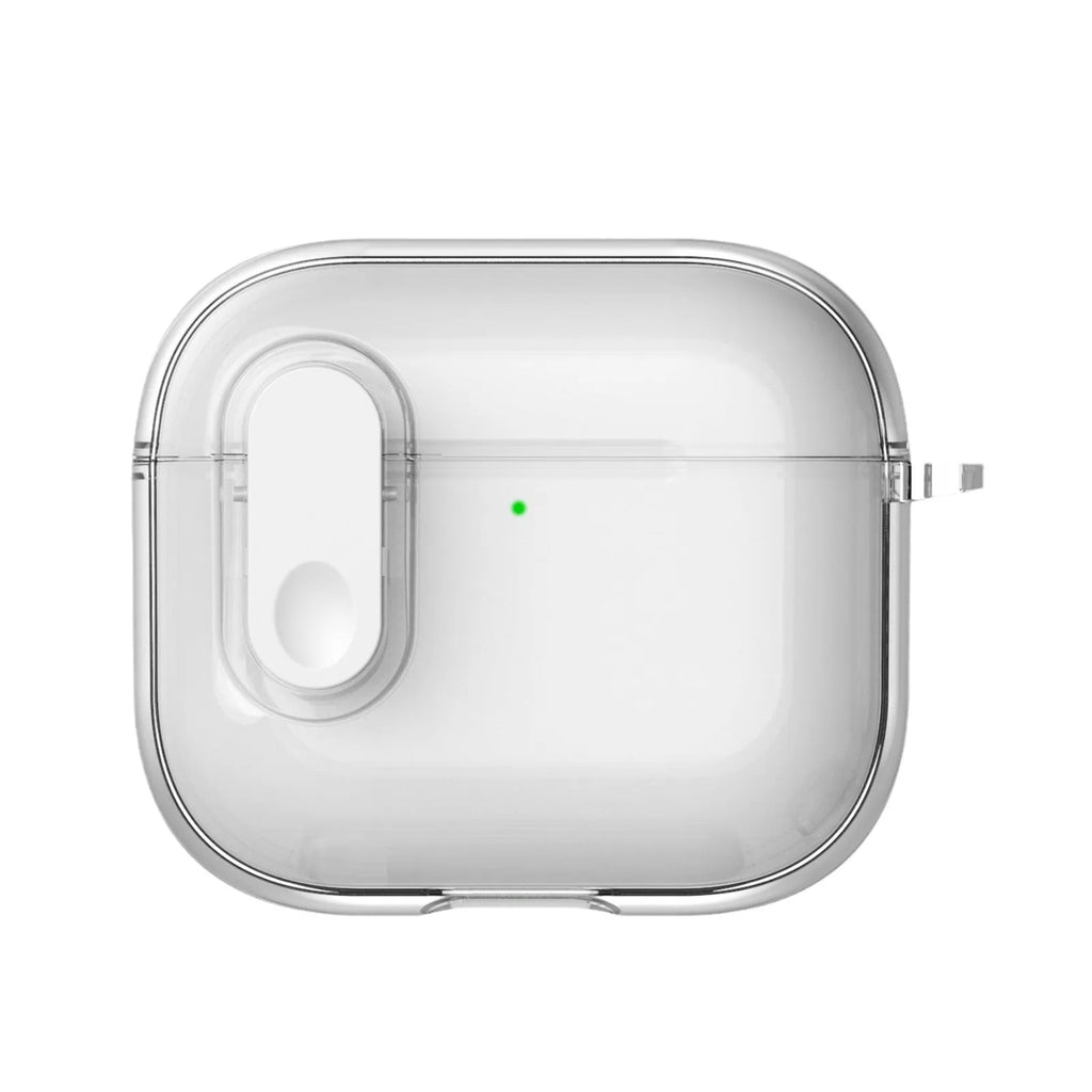 Transparent TPU earphone case for Apple AirPods 4, shown in transparent, grey and pink