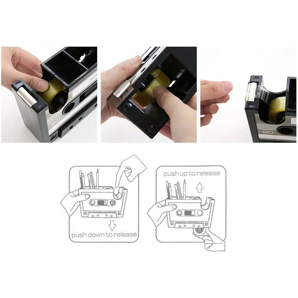Cassette tape dispenser pen holder in ABS and stainless steel, 17x5x11.5cm, shown in black or blue with small core tape