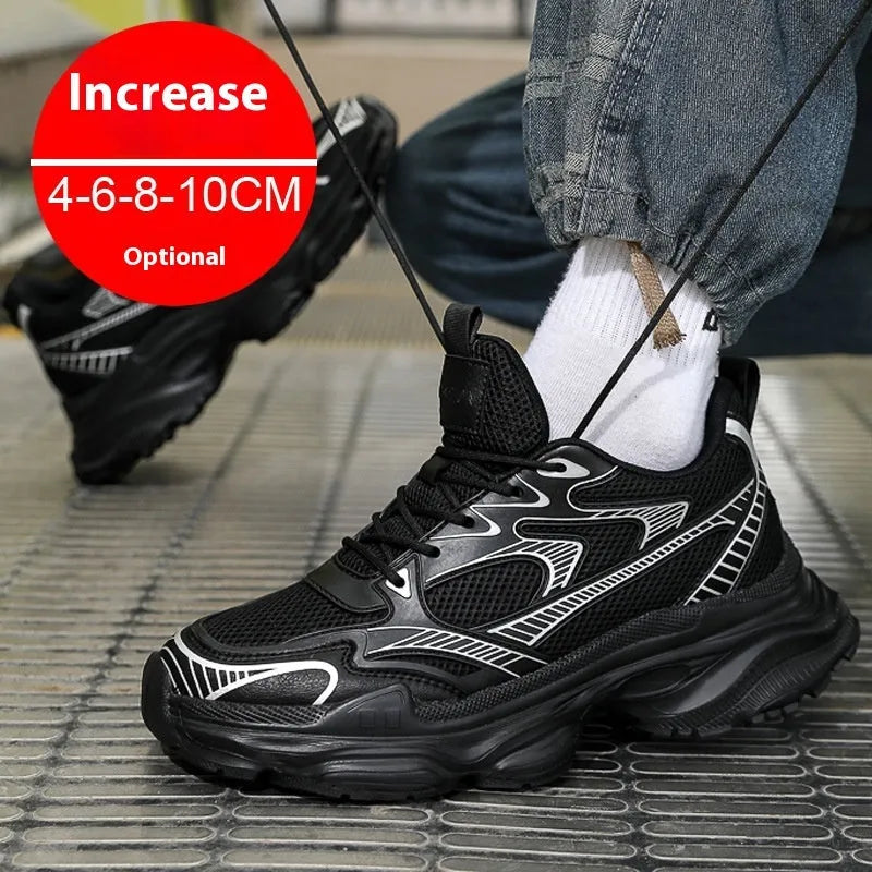 Men's white mesh height increasing casual shoes with front lace-up and rubber EVA PU sole.