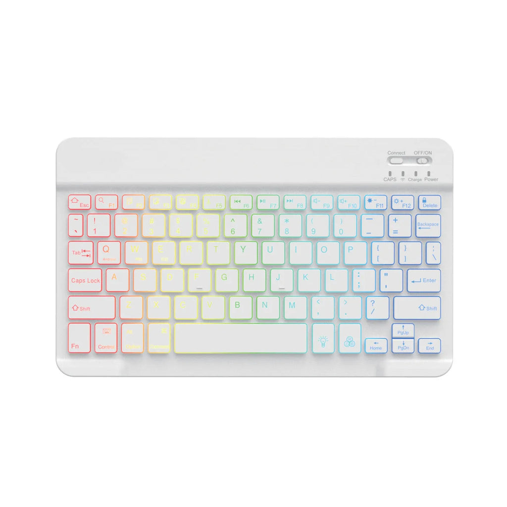 10-inch black Bluetooth keyboard with colourful LED backlighting for tablets on a desk.