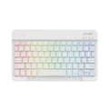 10-inch black Bluetooth keyboard with colourful LED backlighting for tablets on a desk.