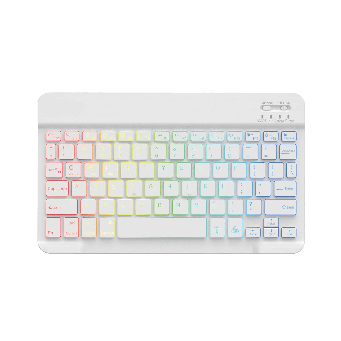 10-inch black Bluetooth keyboard with colourful LED backlighting for tablets on a desk.