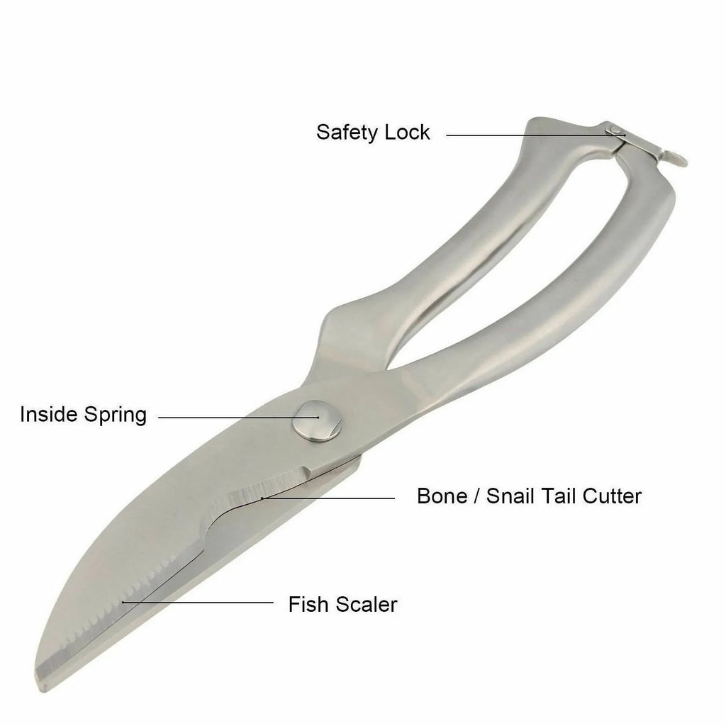 Silver stainless steel poultry shears 9.8 inch with serrated blade and bone notch on cutting board