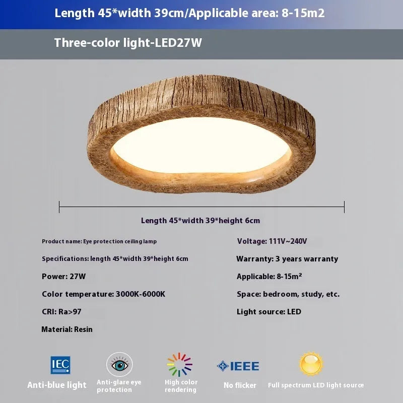 Wood grain finish round Chinese style LED ceiling lamp for bedroom illumination.