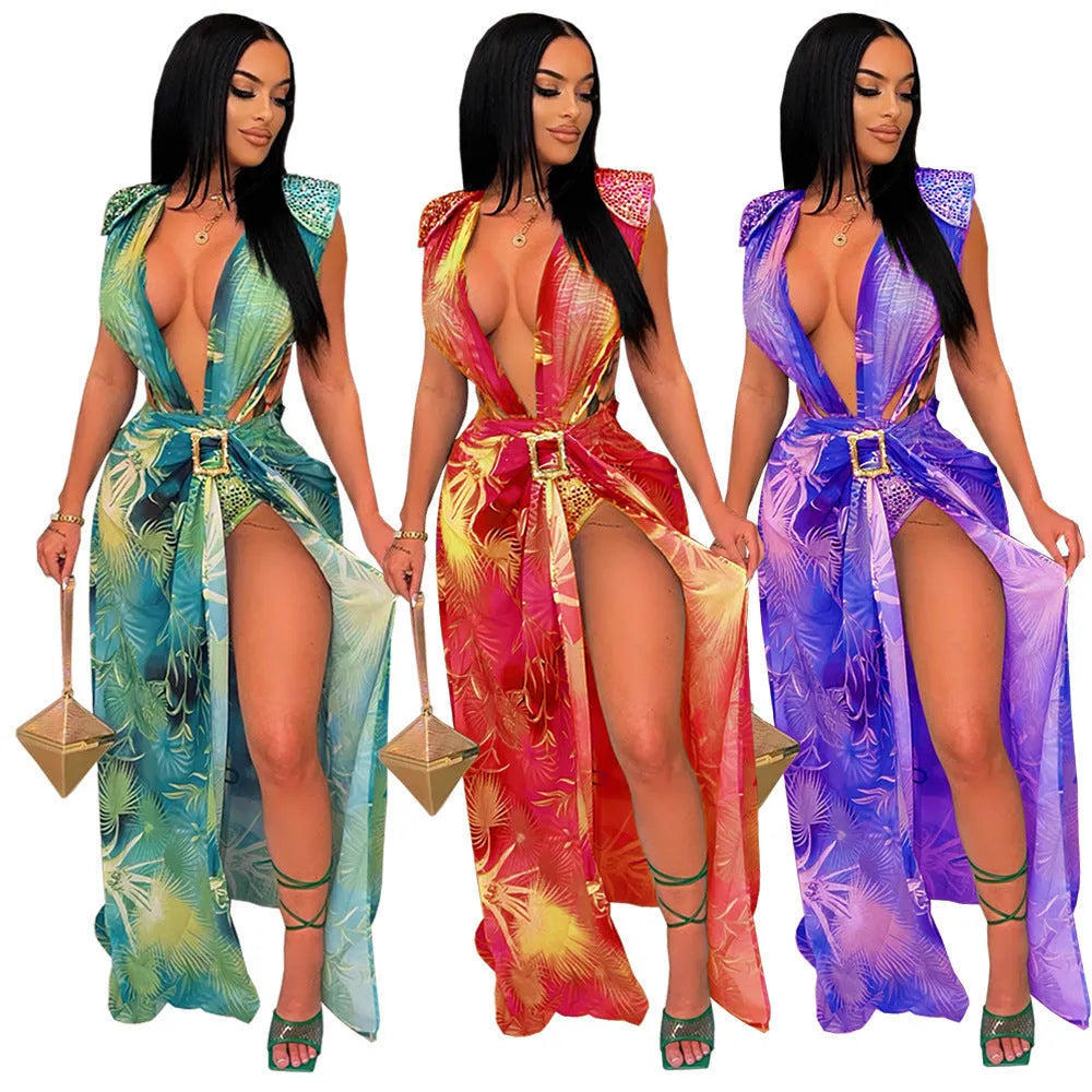 Women's sleeveless cardigan printed swimsuit two-piece set with long straight skirt in acetate fibre, British style