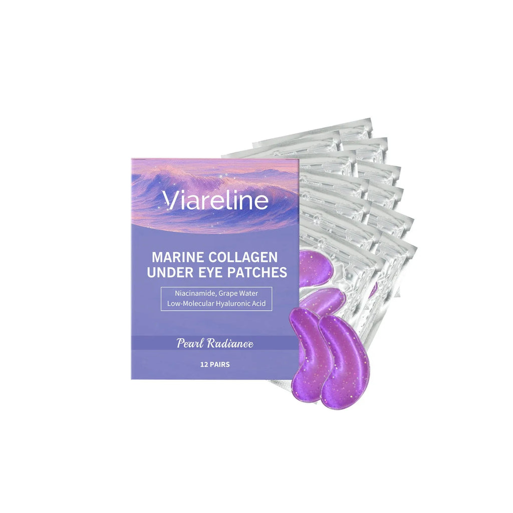 Pack of 12 collagen eye masks for skincare with hyaluronic acid and nicotinamide.