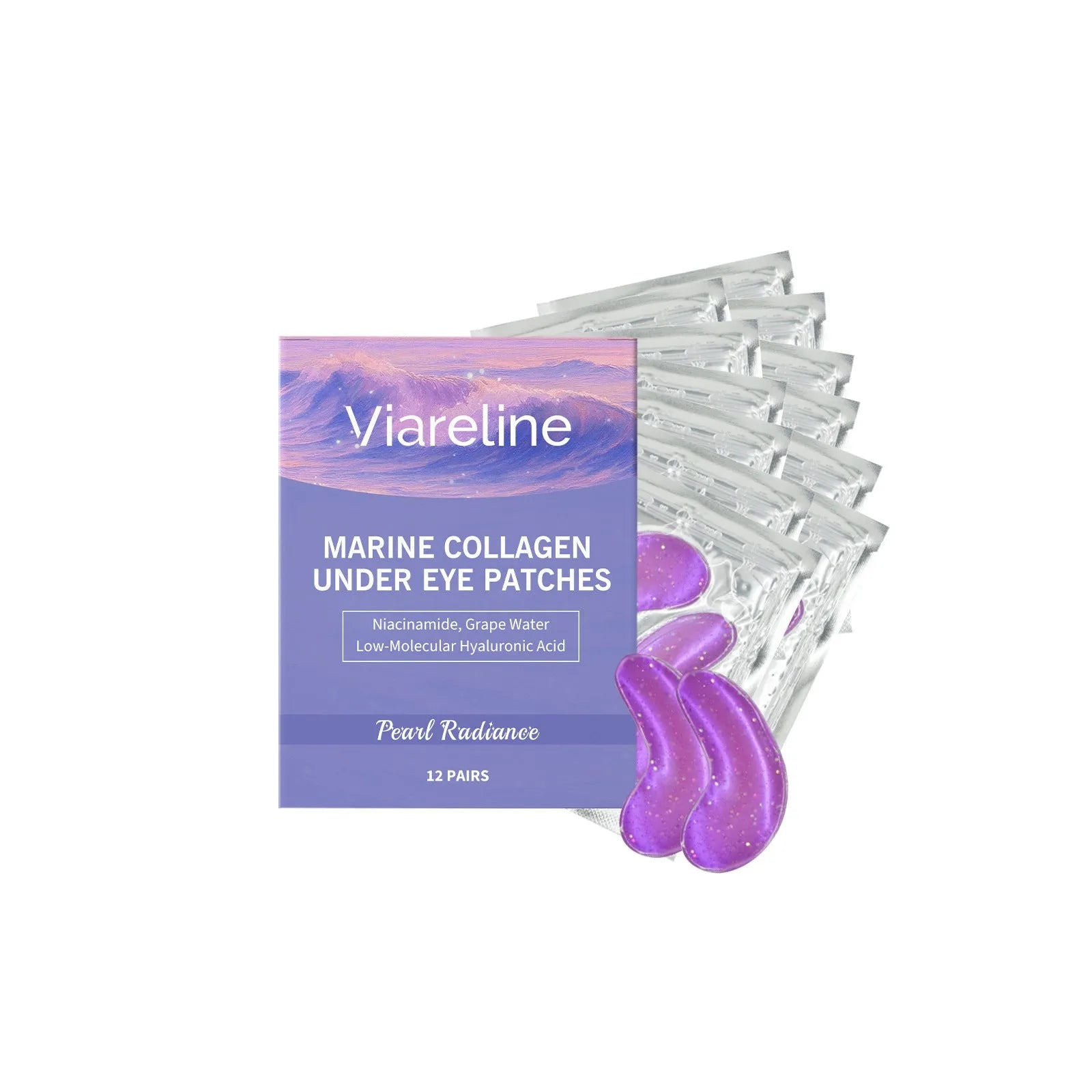 Pack of 12 collagen eye masks for skincare with hyaluronic acid and nicotinamide.