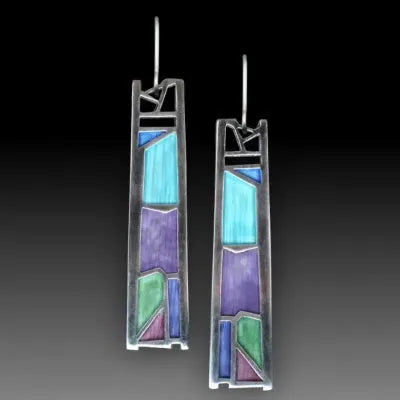 Silver water drop shaped alloy earrings with irregular oil colour electroplated finish