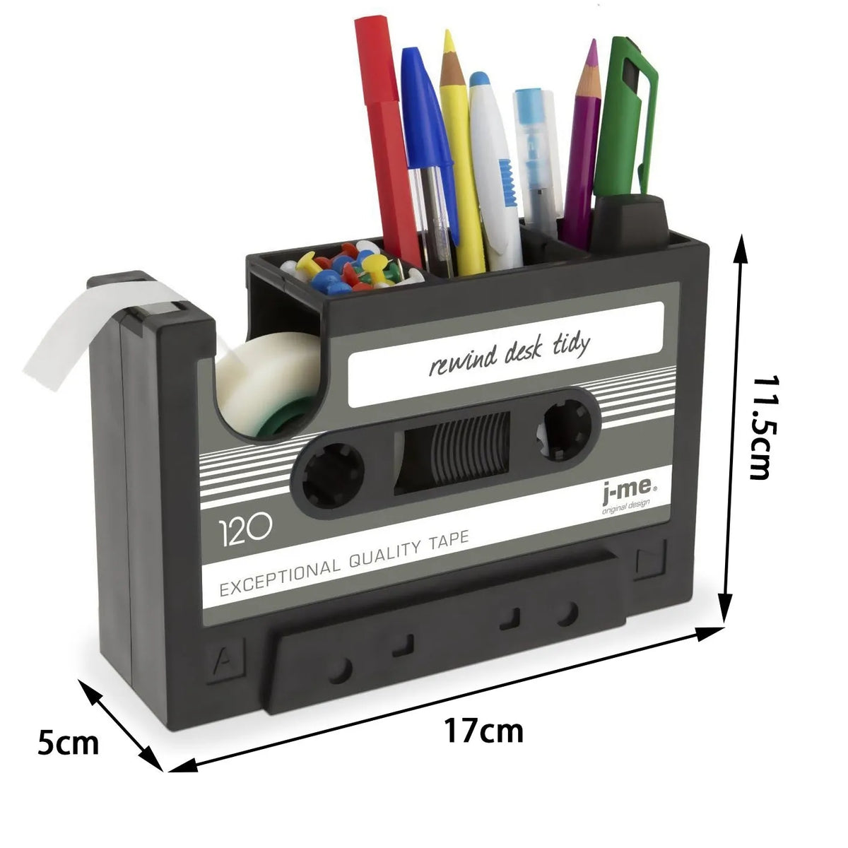 Cassette tape dispenser pen holder in ABS and stainless steel, 17x5x11.5cm, shown in black or blue with small core tape