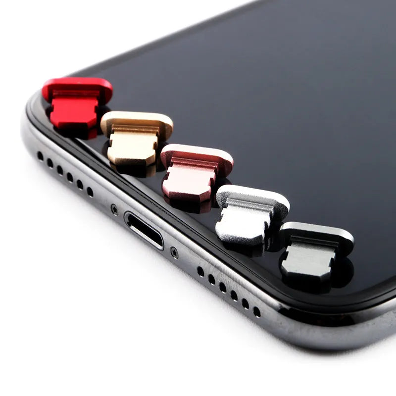 Aluminium alloy iPhone charging port dust plug in multiple colour options.