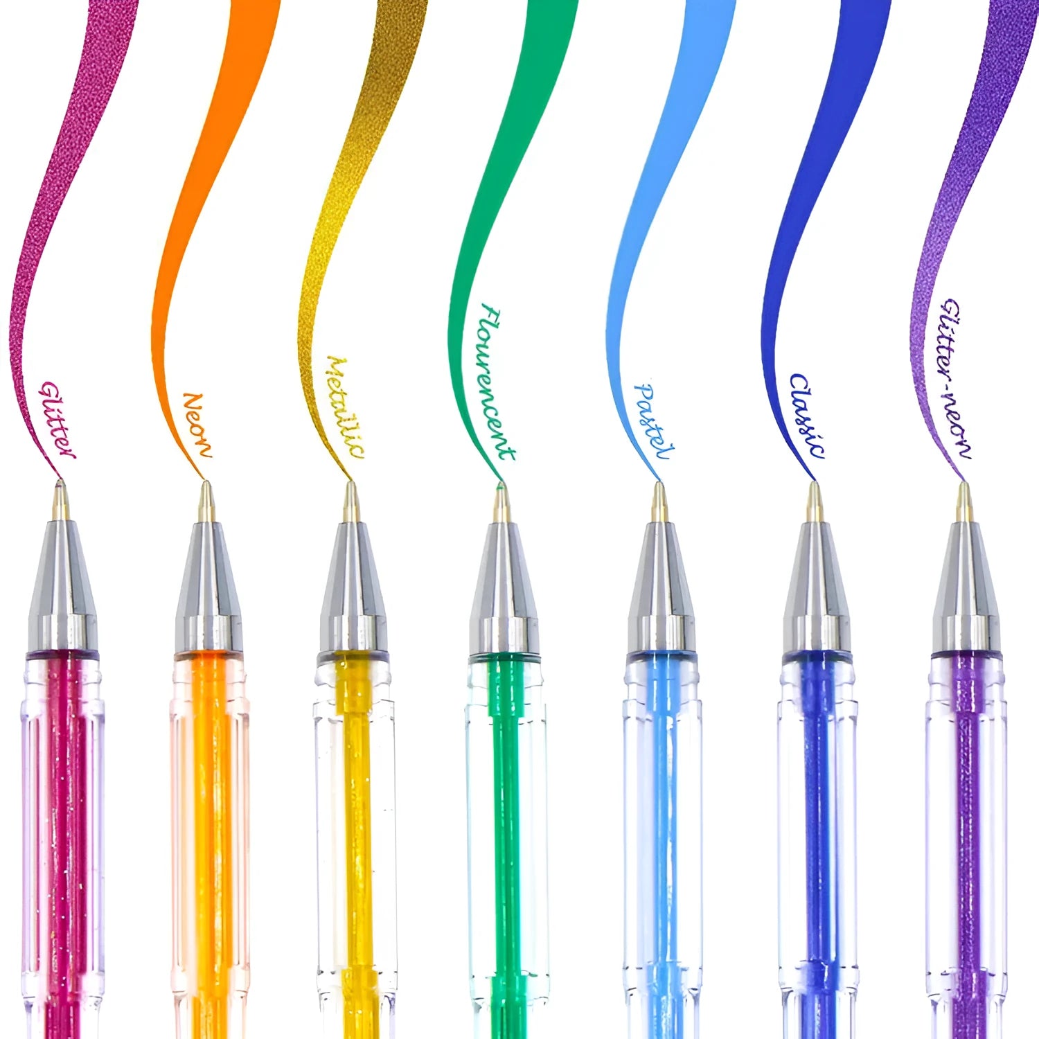 Set of 100 assorted colour gel pens with watercolour effects and dual fine nib sizes, shown next to a ruler.