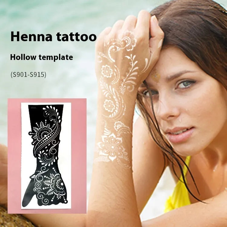 Sheet of hollow geometric tattoo stencil stickers with 3D paper carving designs.